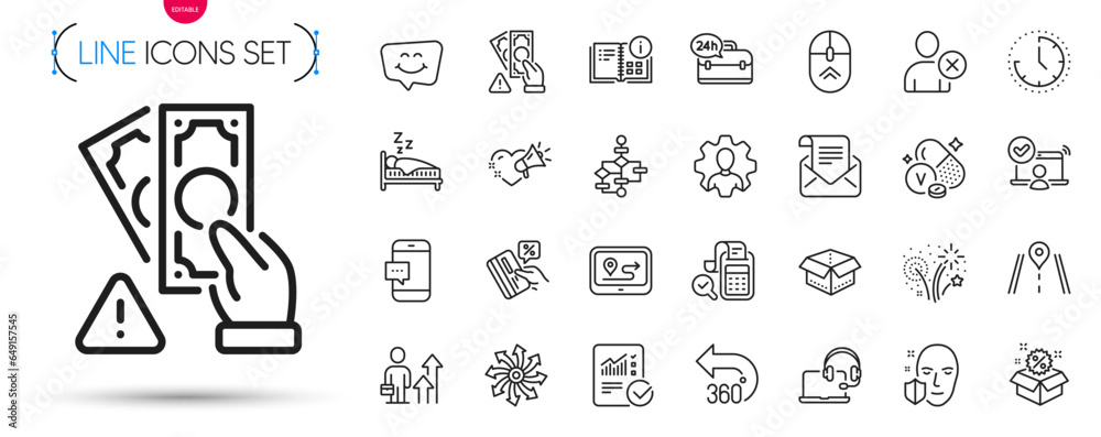 Fototapeta premium Pack of Credit card, Vanadium mineral and Versatile line icons. Include Bribe, Face protection, Open box pictogram icons. Love message, 24h service, Smartphone message signs. Vector