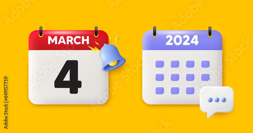 Calendar date 3d icon. 4th day of the month icon. Event schedule date. Meeting appointment time. 4th day of March month. Calendar event reminder date. Vector