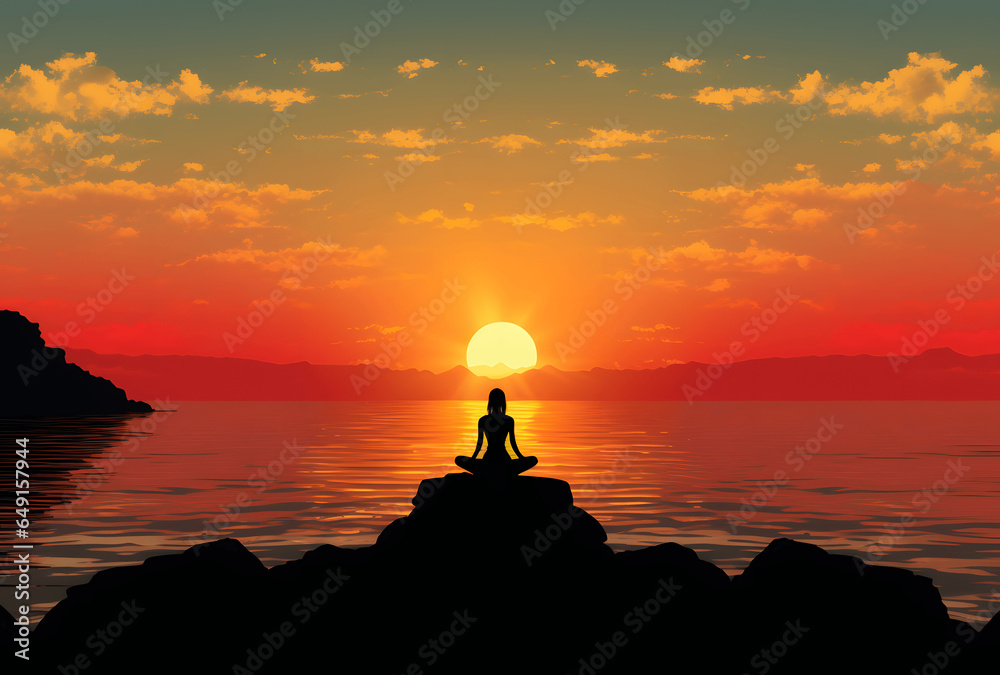 silhouette of a person sitting on a rock meditating at sunset.