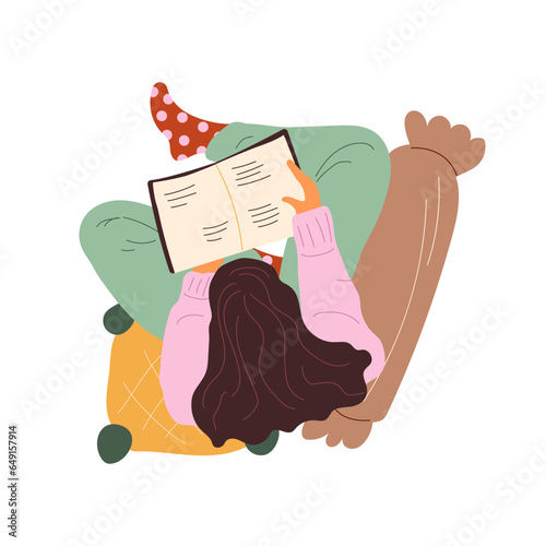 Girl reading a book, top view. Young woman studying literature at home while sitting in a comfortable pose. Flat vector illustration isolated on white background