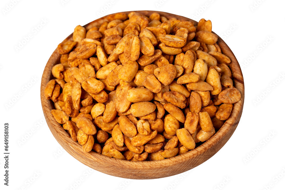 Peanuts with sauce in wooden bowl. Peanuts with sauce isolated on white background. Close up Peanuts with sauce in wooden bowl. Peanuts with sauce isolated on white background. Close up