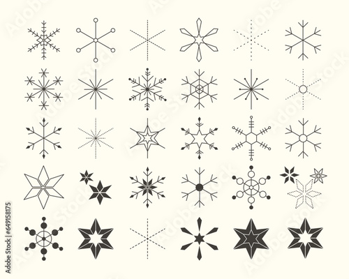 Modern minimalist Christmas background with simple geometric snowflake patterns. Vintage Xmas snow and star icons set. Vector illustration isolated on white background