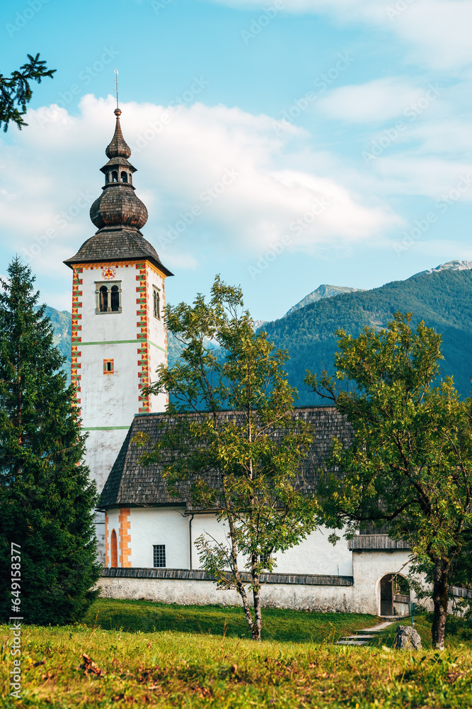 Church of St. John the Baptist on the hill by lake Bohinj, one of the main tourist attraction in Triglav national park built more than 700 years ago