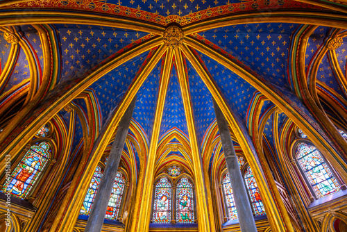 Lower chapel of Sainte-Chapelle with ornamental ceiling. Palais de la Cite, Paris, France
