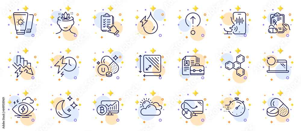 Outline set of Checklist, Square area and Timer line icons for web app. Include Sunscreen, Saving electricity, Vitamin u pictogram icons. Moon, Charging time, Prescription drugs signs. Vector Outline set of Checklist, Square area and Timer line icons for web app. Include Sunscreen, Saving electricity, Vitamin u pictogram icons. Moon, Charging time, Prescription drugs signs. Vector