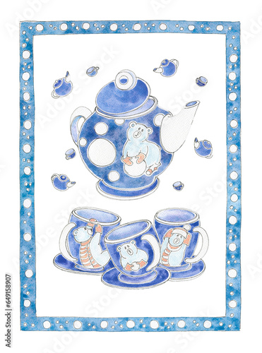 Hand-drawn. Polar bears tea set character. Isolated on white. Merry Christmas New Year. Border, frame, cover, card, booklet, packaging, label, textile, menu, scrapbook, wrapper pattern, advertising