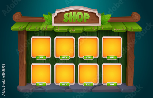 Shop game interface design - cartoon vector illustration wooden frame with card for item and button with price. User interface template for rpg store. Wood menu window for selling props and artifacts.
