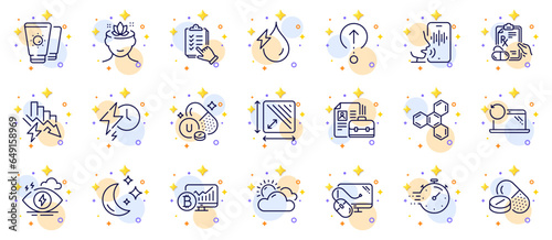 Outline set of Checklist, Square area and Timer line icons for web app. Include Sunscreen, Saving electricity, Vitamin u pictogram icons. Moon, Charging time, Prescription drugs signs. Vector