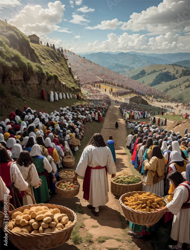 painting illustration of Jesus feeding five thousand people