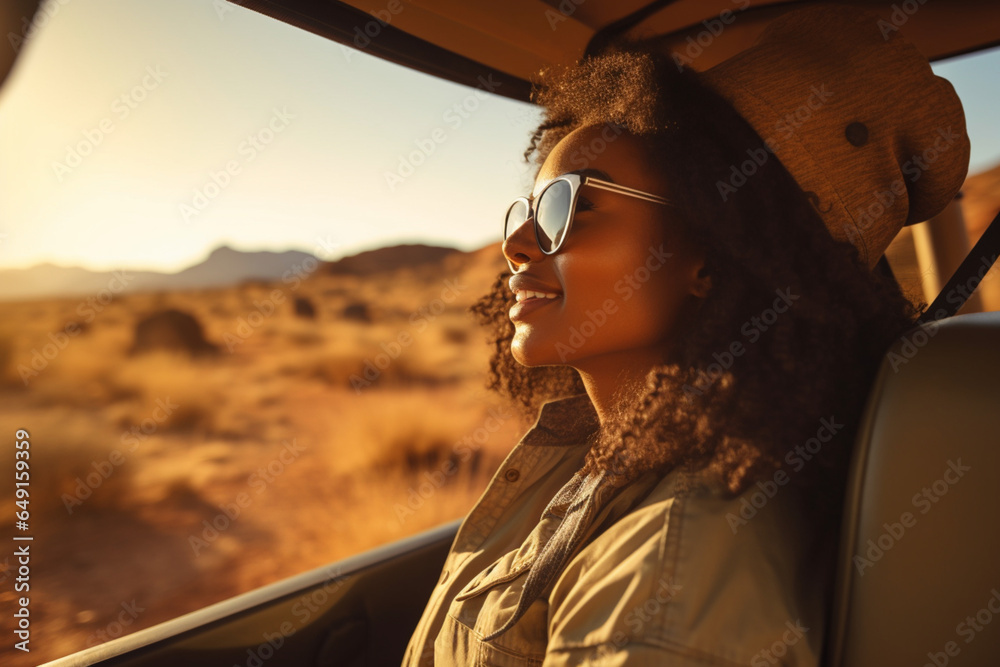 Black woman on road, enjoying window view of desert and traveling in jeep on holiday road trip of South Africa, Travel adventure drive, happy summer vacation and explore freedom of nature in the sun - obrazy, fototapety, plakaty 