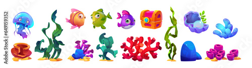 Set of fish and seaweed for seabed design. Vector cartoon illustration of coral reef, jellyfish, exotic plants, treasure chest, broken antique vase on underwater bottom, aquarium design elements