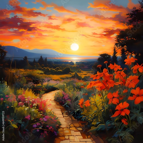 An impressionist painting of a vibrant, multi-coloured garden at sunset