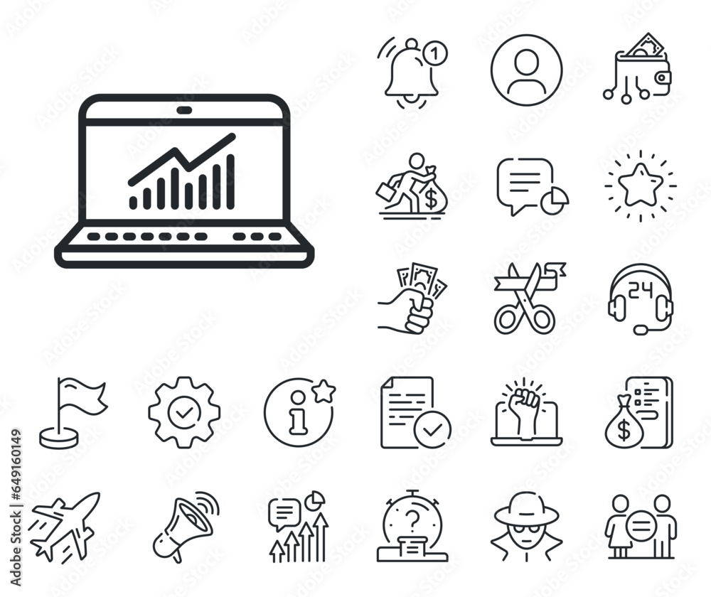 Report graph or Chart sign. Salaryman, gender equality and alert bell outline icons. Data Analysis and Statistics line icon. Computer data processing symbol. Online statistics line sign. Vector Report graph or Chart sign. Salaryman, gender equality and alert bell outline icons. Data Analysis and Statistics line icon. Computer data processing symbol. Online statistics line sign. Vector