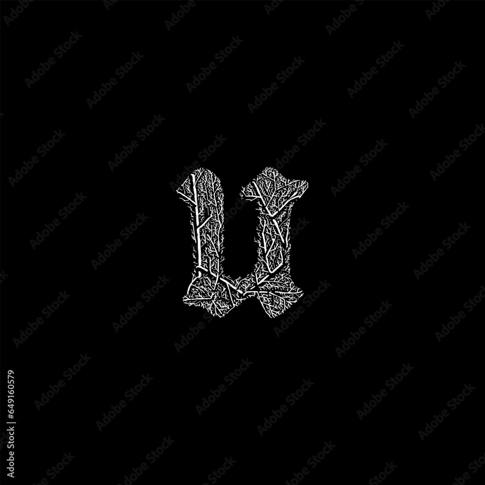 letter u branches hand drawing vector isolated on black background. letter u branches hand drawing vector isolated on black background.