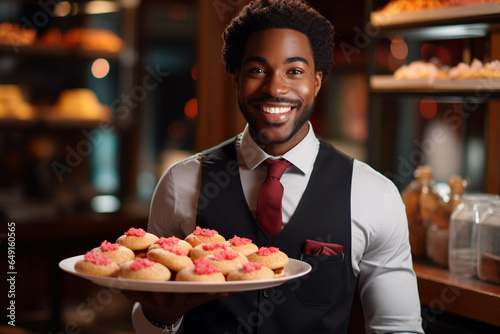 Black cheerful salesman holding a tray of sweet baked pastry items while smiling