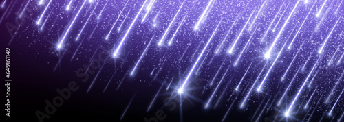 Purple space comet rain and star shooting show vector background. Abstract asteroid or meteorite magic galaxy storm illustration. Falling starlight speed line digital design. Neon constellation impact