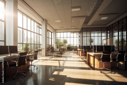 Morning sunlight filters through large windows, casting a warm glow across the desks and chairs in an open space office