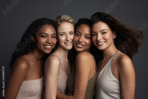 Beauty portrait of a diverse group of beautiful women smiling together against a grey studio background