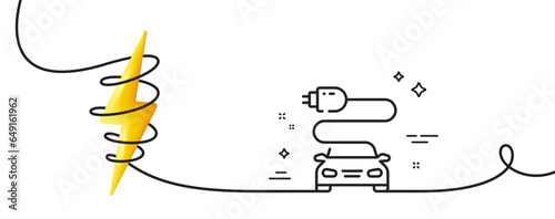 Car charge line icon. Continuous one line with curl. Vehicle charging plug sign. Electric power symbol. Car charge single outline ribbon. Loop curve with energy. Vector
