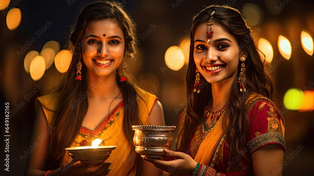 Portrait of Asian friends holding oil lamp with light exposure AI Generative Portrait of Asian friends holding oil lamp with light exposure AI Generative
