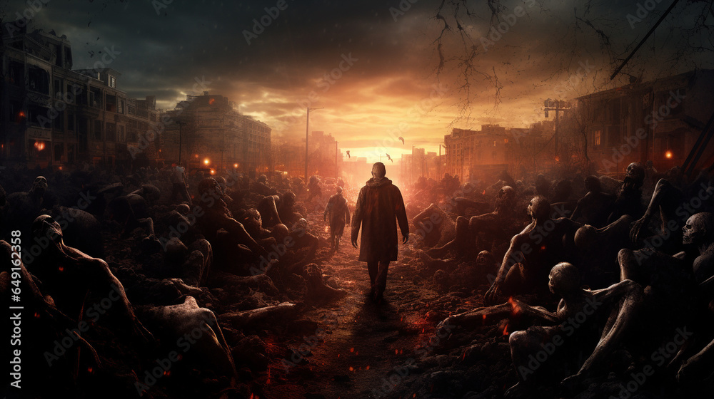 Apocalypse fantasy scene with group of zombie walking. Halloween concept background - obrazy, fototapety, plakaty 
