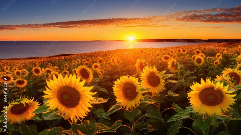 Fototapeta premium summer coastal sunflower fields illustration nature green, landscape beautiful, sky plant summer coastal sunflower fields