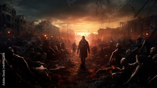 Apocalypse fantasy scene with group of zombie walking. Halloween concept background