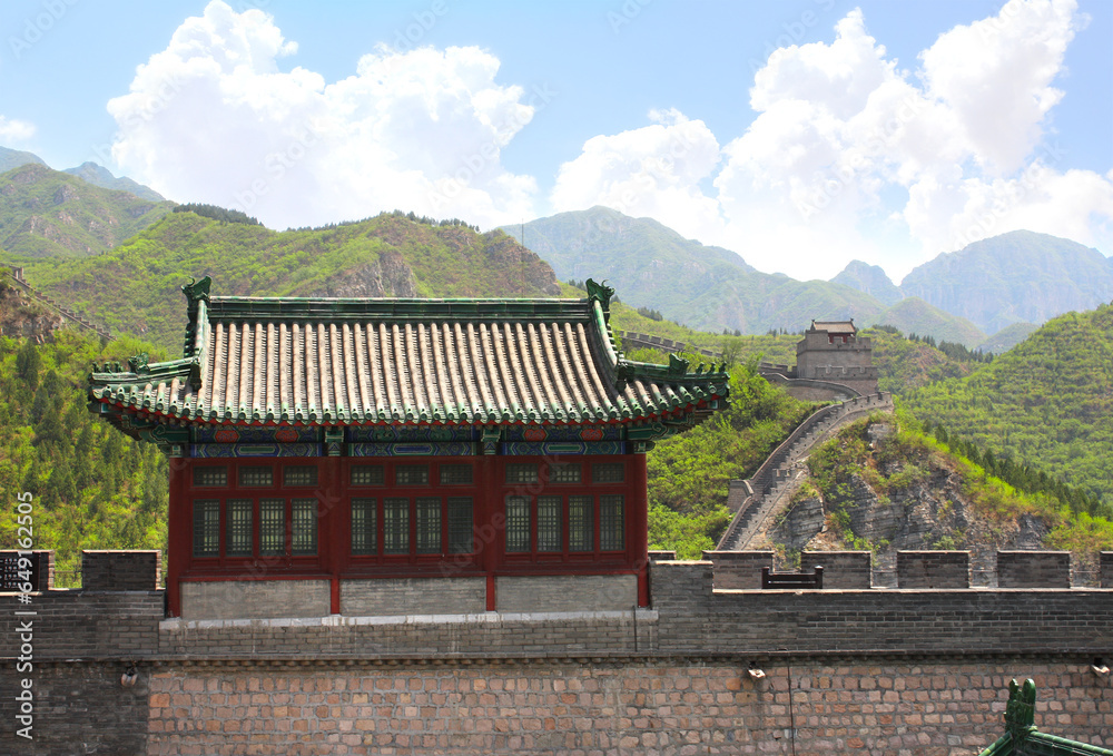 Famous landmark Great Wall of China. A section of the Great Wall with a watchtower in mountains near to Beijing, China