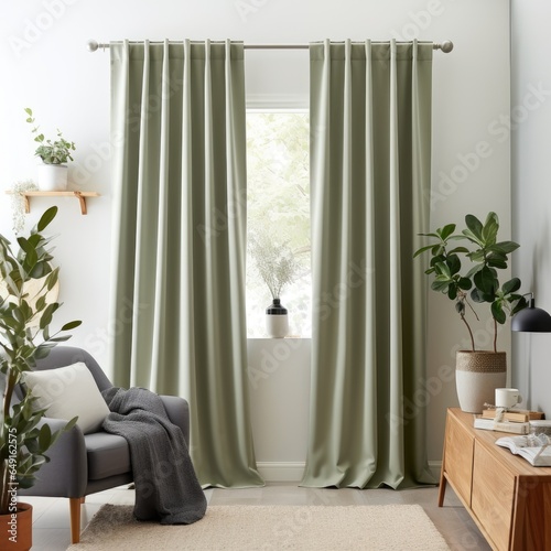 Modern bedroom, miminal interior design, window with simple curtains
