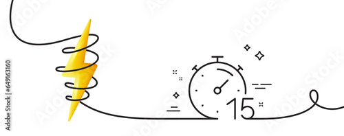 Timer 15 minutes line icon. Continuous one line with curl. Stopwatch time sign. Countdown clock symbol. Timer single outline ribbon. Loop curve with energy. Vector