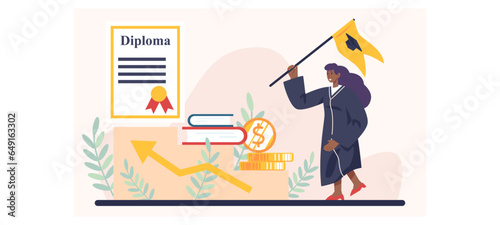 Lady in academic dress holding flag, celebrating graduation. American student getting diploma after study in university. Flat vector illustration in cartoon style