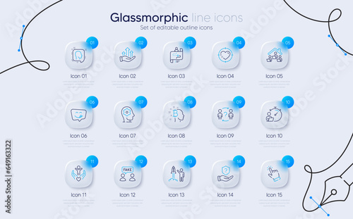 Set of Head, Heart target and Fake information line icons for web app. Timer, Yummy smile, Protection shield icons. Journey path, Launch project, Bitcoin think signs. Work home. Vector
