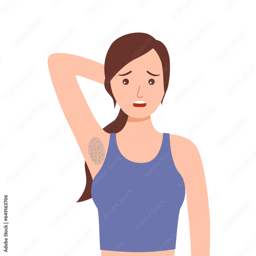 Unhappy young woman wants to remove her armpit hair in flat design on white background. Unhappy young woman wants to remove her armpit hair in flat design on white background.