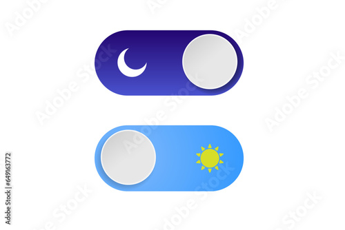 Simple Day and Night Toggle Switch isolated on white background. Crescent Moon on night sky. Yellow sun on blue sky. Light and Dark Mode interface switch UI. 