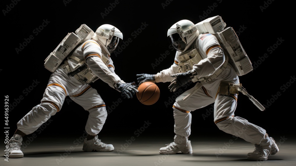 Astronauts engaging in a zero-gravity basketball game