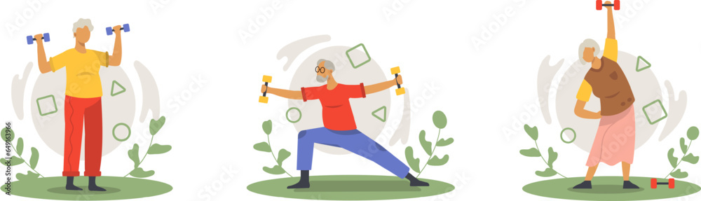 Old active male and ladies exercising with dumbbells outside. Morning training and fitness time. Healthy and active lifestyle concept. Flat vector illustration in cartoon style Old active male and ladies exercising with dumbbells outside. Morning training and fitness time. Healthy and active lifestyle concept. Flat vector illustration in cartoon style