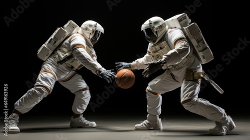 Astronauts engaging in a zero-gravity basketball game