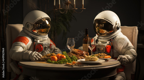 Two astronauts sharing a cosmic dinner in space