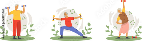 Old active male and ladies exercising with dumbbells outside. Morning training and fitness time. Healthy and active lifestyle concept. Flat vector illustration in cartoon style