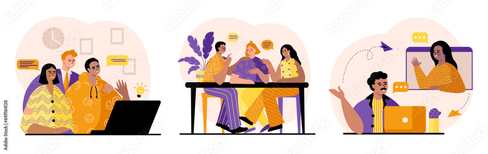 Set of different workers on online and offline meeting with teamwork. Exchange of information via mail, messenger. Set of vector images with characters in flat style in orange and purple colors