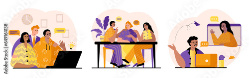 Set of different workers on online and offline meeting with teamwork. Exchange of information via mail, messenger. Set of vector images with characters in flat style in orange and purple colors