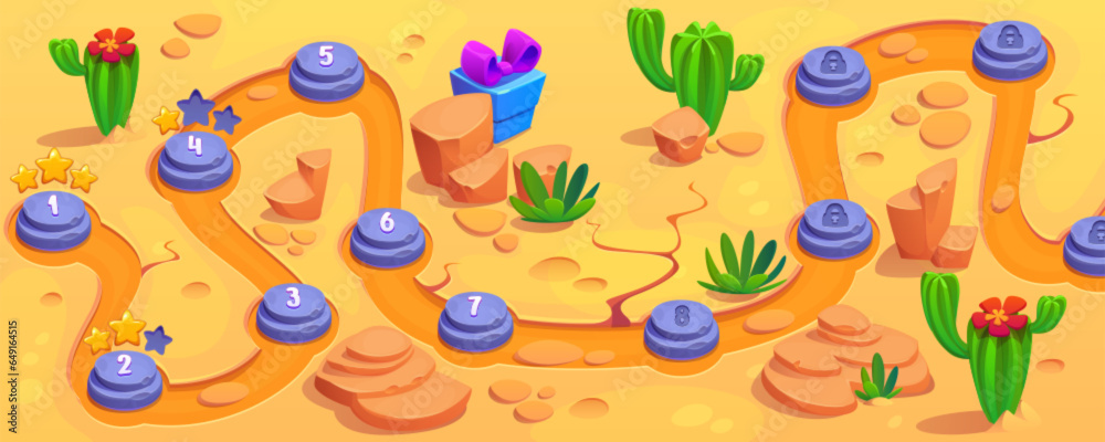 Obraz premium Summer desert game road map pattern background. Fairy kid mobile app interface design with cactus, stone and ui level boulder button on path. Gui plan illustration with numbers and hot landscape