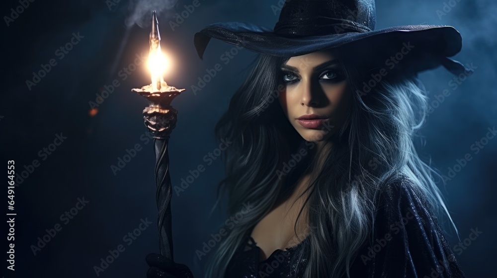 Fantastic beautiful witch women in gothic clothes in the dark background