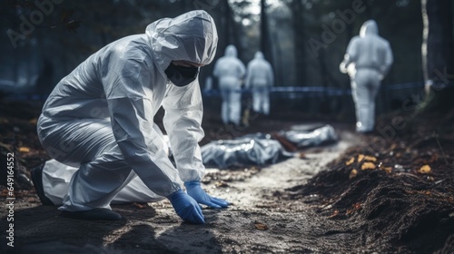 Criminologist in wearing protective suit, gloves and face masks working at crime scene at outdoor photo