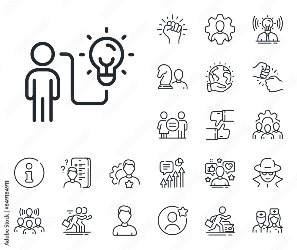 Person with lightbulb sign. Specialist, doctor and job competition outline icons. Business idea line icon. Work process symbol. Business idea line sign. Avatar placeholder, spy headshot icon. Vector
