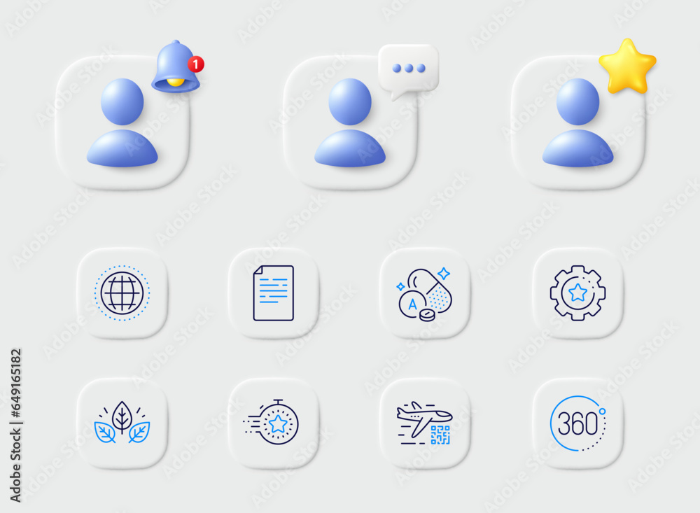 Vitamin a, Document and Settings gear line icons. Placeholder with 3d star, reminder bell, chat. Pack of Organic tested, Qr code, Timer icon. Globe, 360 degrees pictogram. Vector Vitamin a, Document and Settings gear line icons. Placeholder with 3d star, reminder bell, chat. Pack of Organic tested, Qr code, Timer icon. Globe, 360 degrees pictogram. Vector