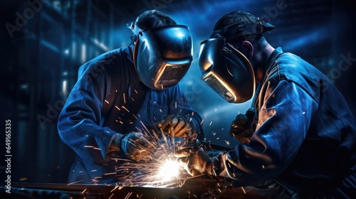 Industry welders worker perform arc welding in factories