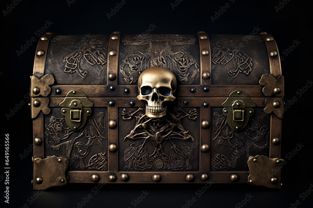 Fototapeta premium A close-up of a pirate chest featuring an etched skull and crossbones, hinting at the dangerous and mysterious contents within