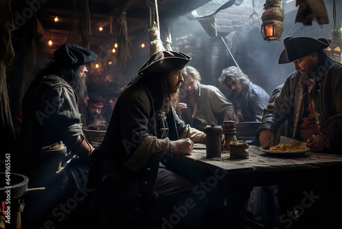 A dimly lit pirate tavern buzzing with rowdy sailors, engaging in drunken revelry, singing sea shanties, and clinking tankards photo