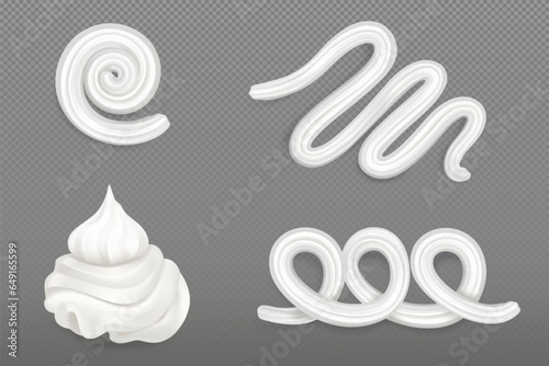 3d whipped cream for decorating cakes and pies. Realistic vector illustration set of white swirl and line butter mousse or custard bakery decoration. Soft vanilla yogurt meringue or milk foam.